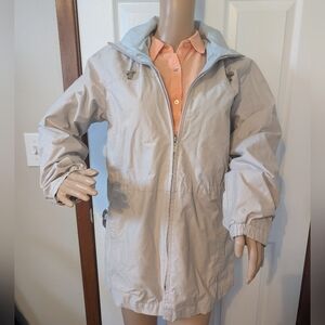 London Fog Women's Hooded Beige rain Jacket Medium W/Striped Lining